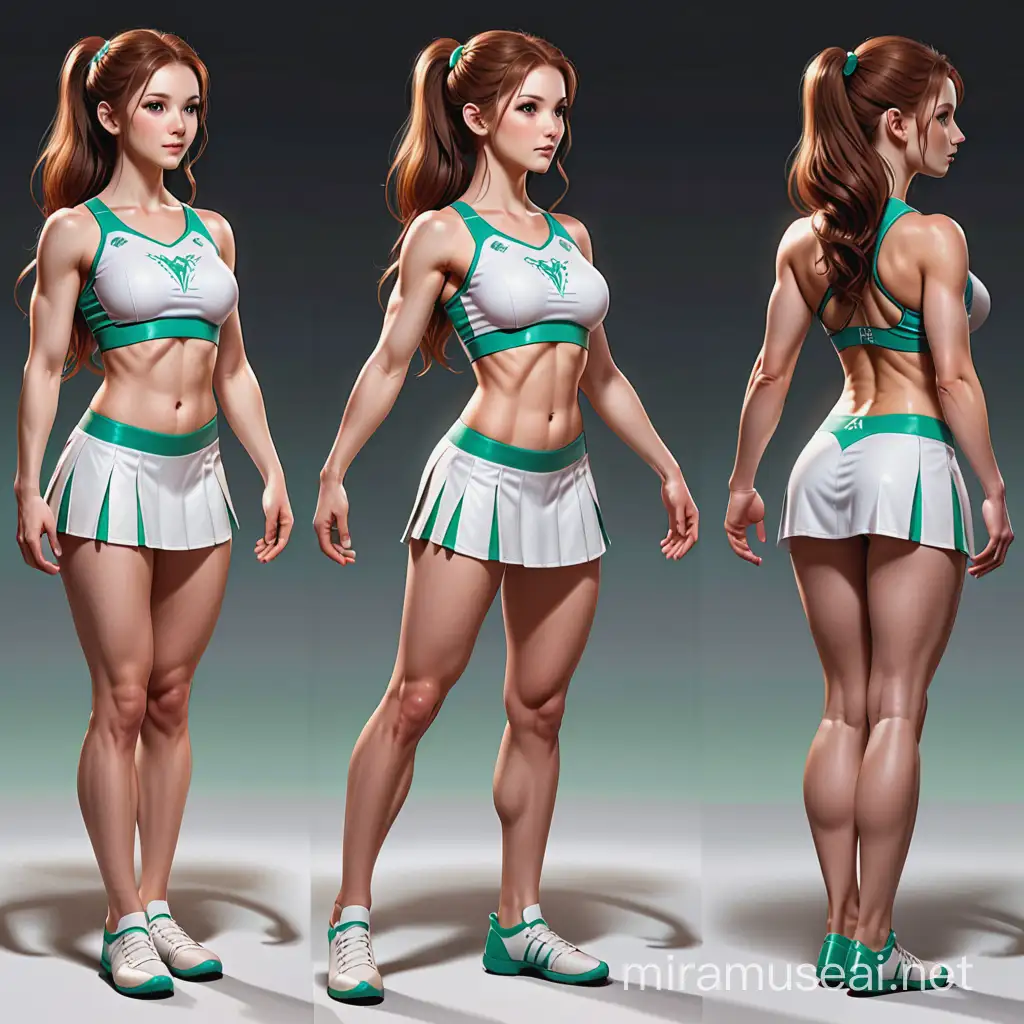 A character reference sheet, for a elvish cheerleader, with a busty athletic body, full body, turn around, front view, back view, head-to-toe, standing poses, body in frame, hard, delicate, brutal, tough, stiff, crude, octane render, highly detailed, volumetric, dramatic lighting, insanity detailed hands, biomechanical android, anatomy illustration, Science fiction background, flawless face, perfect face, highly detail face, flawless eyes, perfect eyes