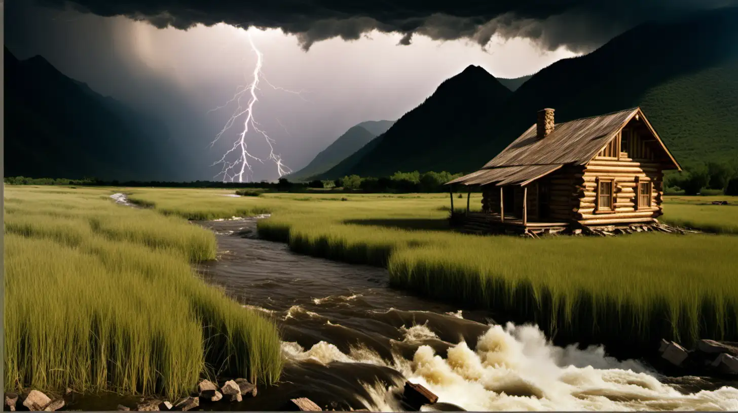 raging wide river through sprawling meadows of tall browngrass, thunderstorm raging with the sun still showing, small 1800's log cabin on the right side close to the river, small mountains in the background
