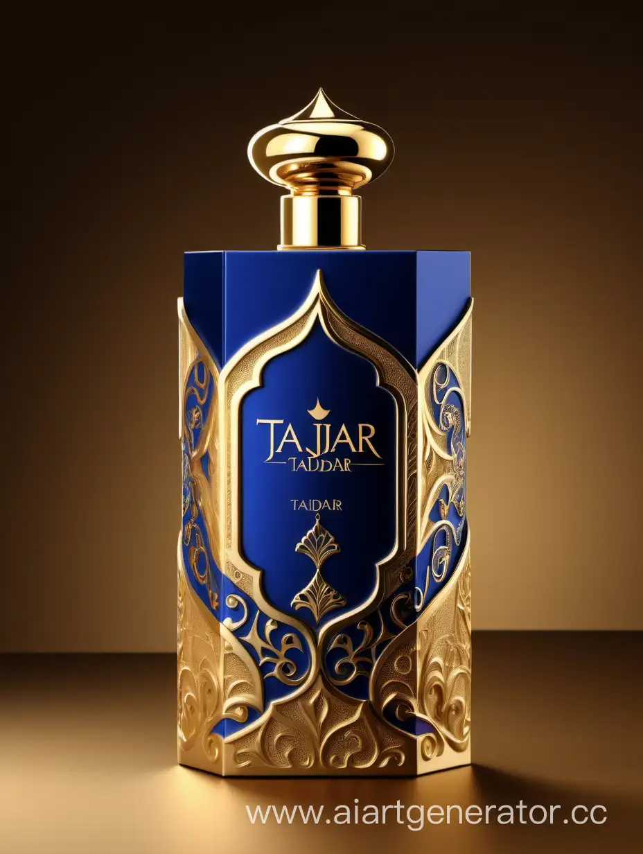 Luxurious-TAJDAR-Perfume-Box-Design-with-Gold-and-Royal-Blue-Accents