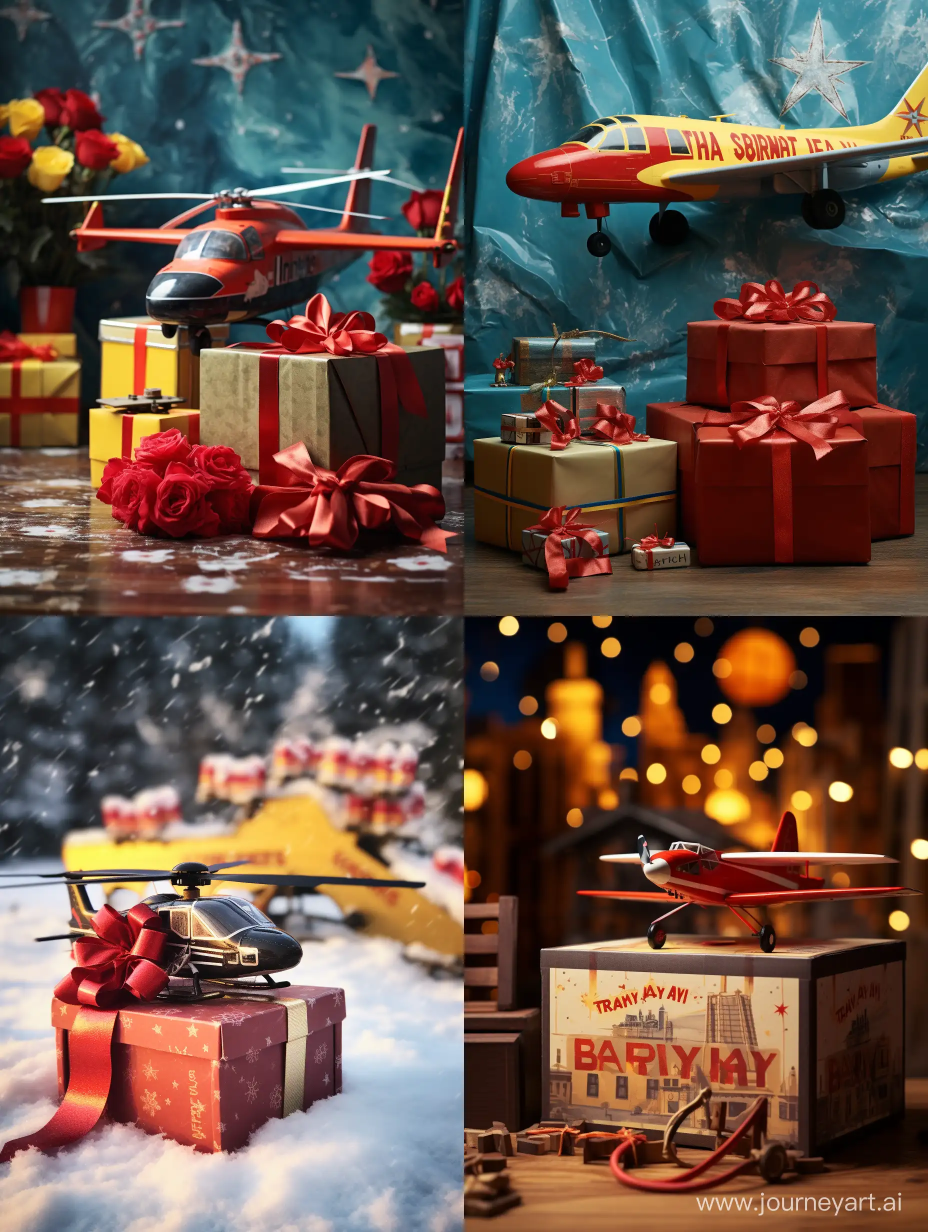 A bright New Year's background, on this background there is a box of a "1/48 scale model of a Soviet aircraft", the box is tied with a red bow. There is an inscription "happy new year" under the box on the main background.