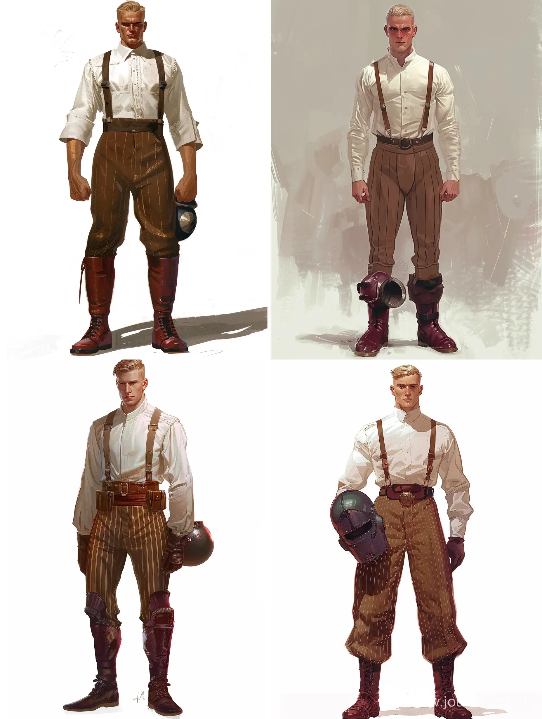 a tall, strong man. He has short blond hair on his head. He is wearing a white shirt, brown trousers with vertical stripes and two dark red boots.Wears a small helmet