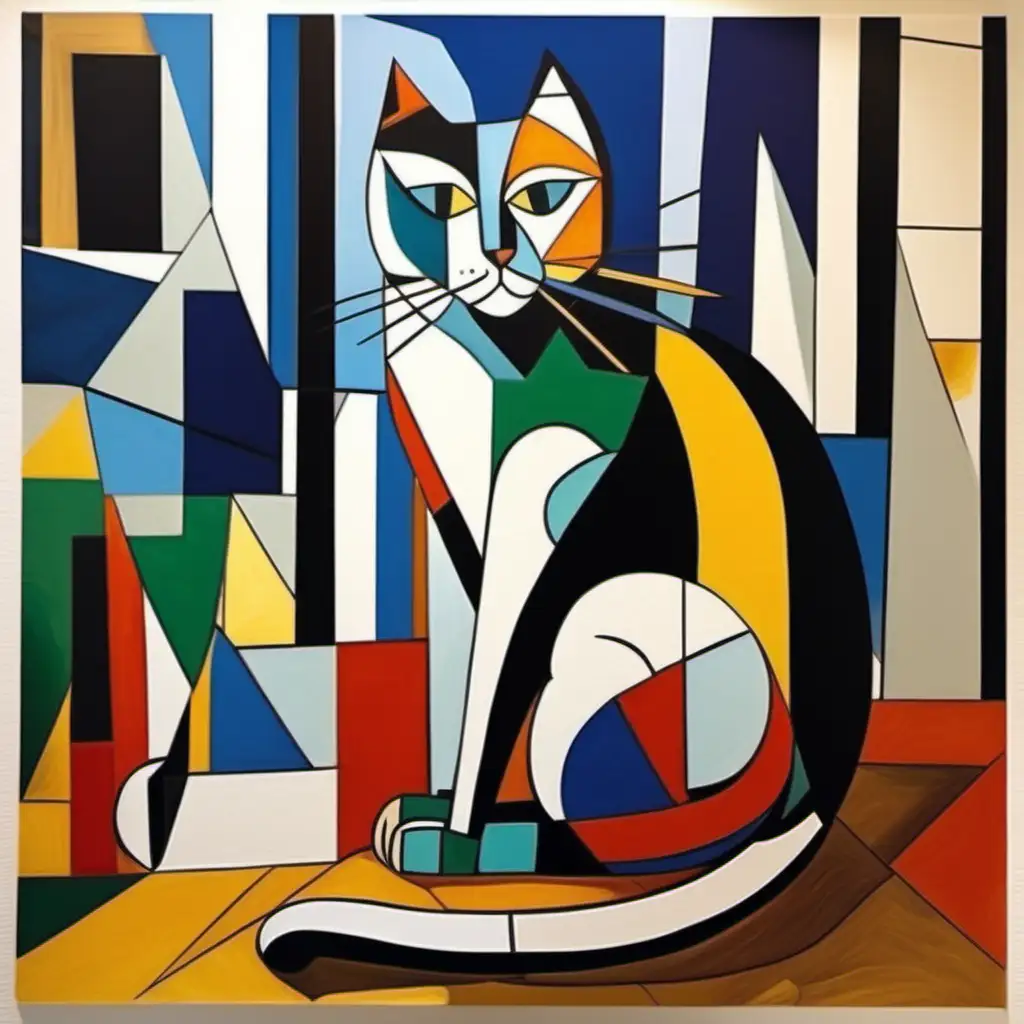 рисунок в художественном направлении кубизм кот сидит у картины Пикассо
