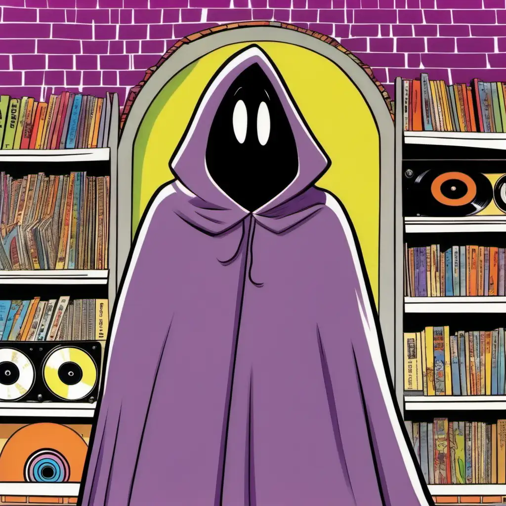 little cloaked hooded cartoon character, 1960s cartoon, hanna barbera, kids cartoon, light purple cloak, record store listening to music, black face can only see eyes