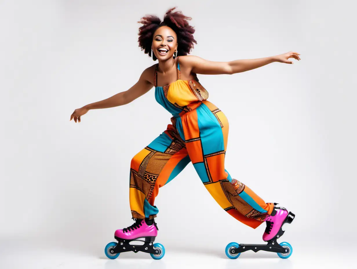 Smiling beautiful African lady in colourful jumpsuit, flowing modest outfit on roller blades, white background