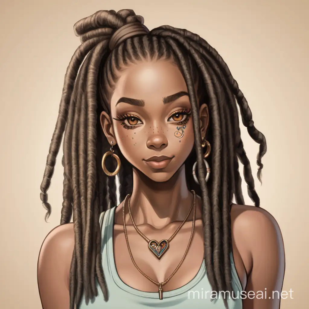 
A young adult of African American descent with a light complexion. She sports shoulder-length thick dreadlocks and possesses petite shoulders coupled with robust, medium-sized arms. While her hips and thighs boast ample width, her waist maintains a slender proportion. Her heart-shaped face features naturally arched eyebrows and a nose piercing on her left nostril. Captured in a subtle tilt, her head is accompanied by a slight uplift of the left corner of her lips by her pinky finger.