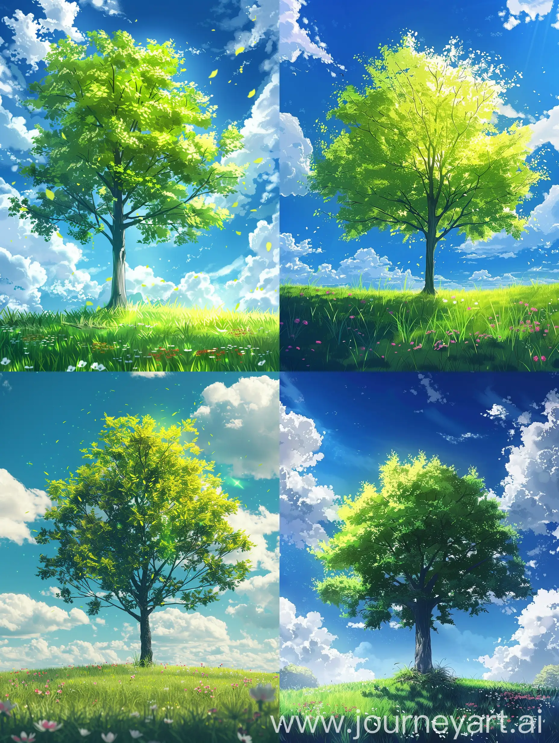 Aesthetic scene, one tree, its leaves glowing green, grass, blue sky, white clouds, anime style, creative, flowers in the grass, empty place.
