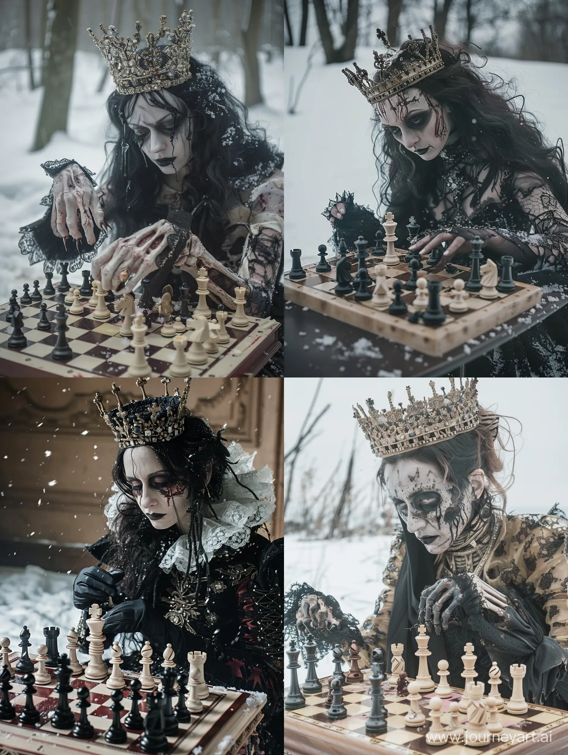 a woman wearing a crown playing chess in the snow, tattered gothic horror maiden, fashion editorial photography, sadistic, in thick layers of rhythms, bone and ivory, killer queen, pale light, stately, inspired by Lise
Deharme, gothic art, behance