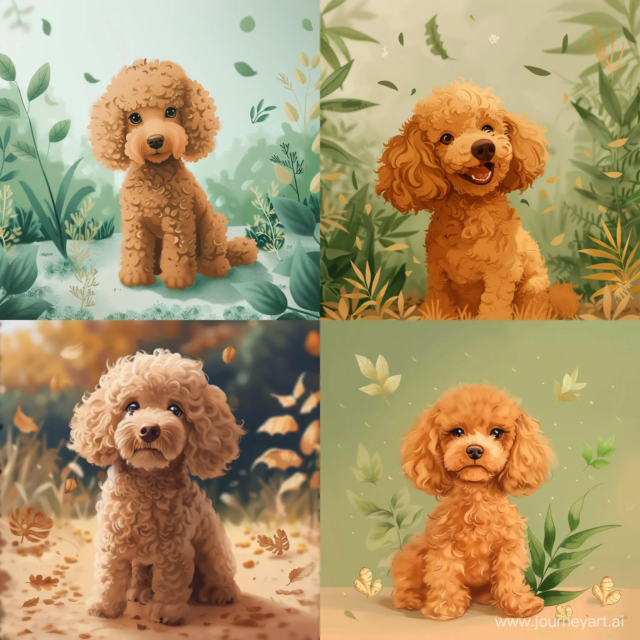 Generate a profile picture for instagram of animated mini poodle standard color named Ginger. Make his sweet and add also small animated gingers and leaves on the background. Everything should be animated