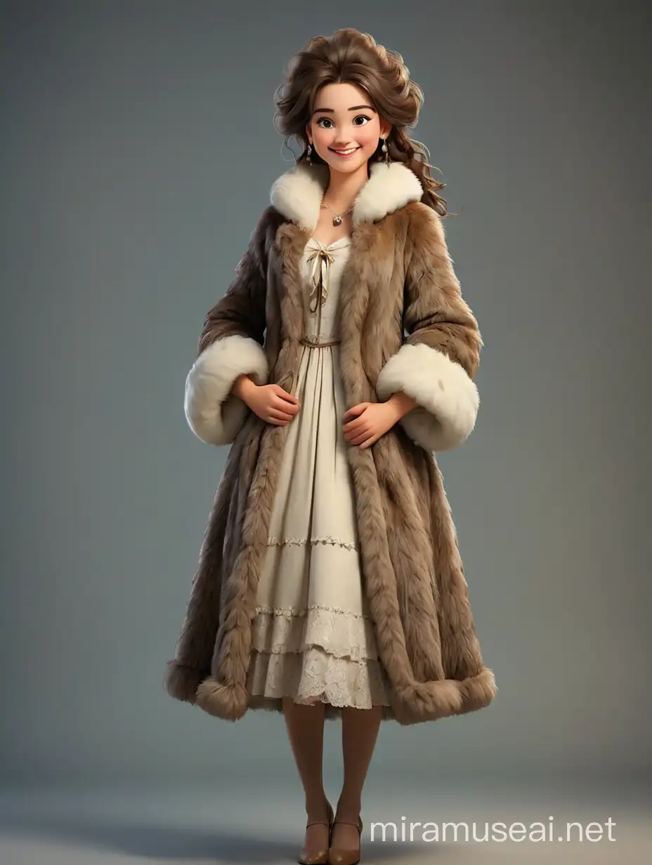 A beautiful romantic girl standing in a fur coat, she is dressed in 18th century style. She smiles, her hands are in a muff. We see her full-length, with arms and legs. In the style of 3d animation, realism.
