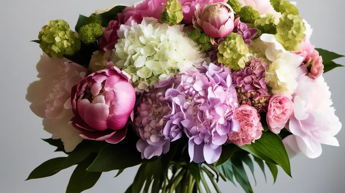 A lush bouquet of peonies and hydrangeas, showcasing their soft, petal-filled blooms, perfect for expressing love and admiration.