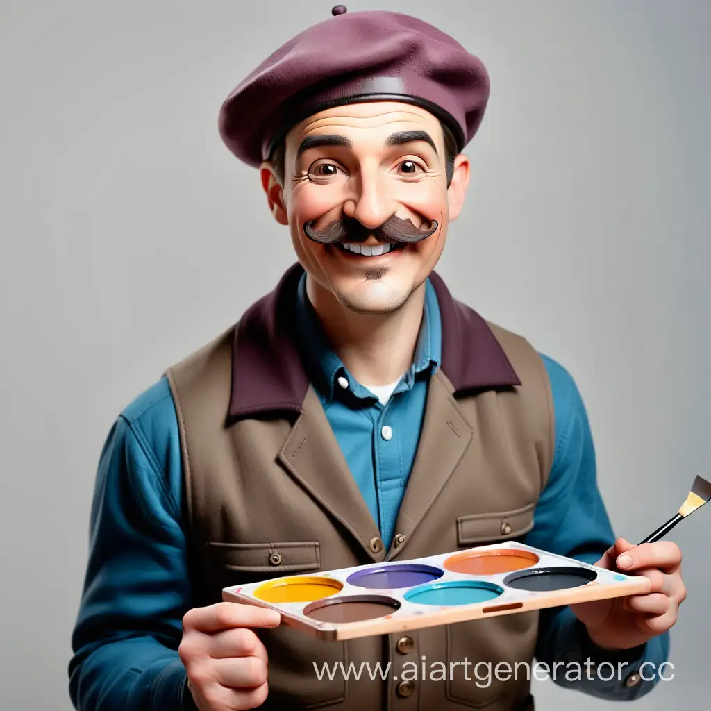 мужчина художник взрослый с усами улыбается 
с палитрой
в берете