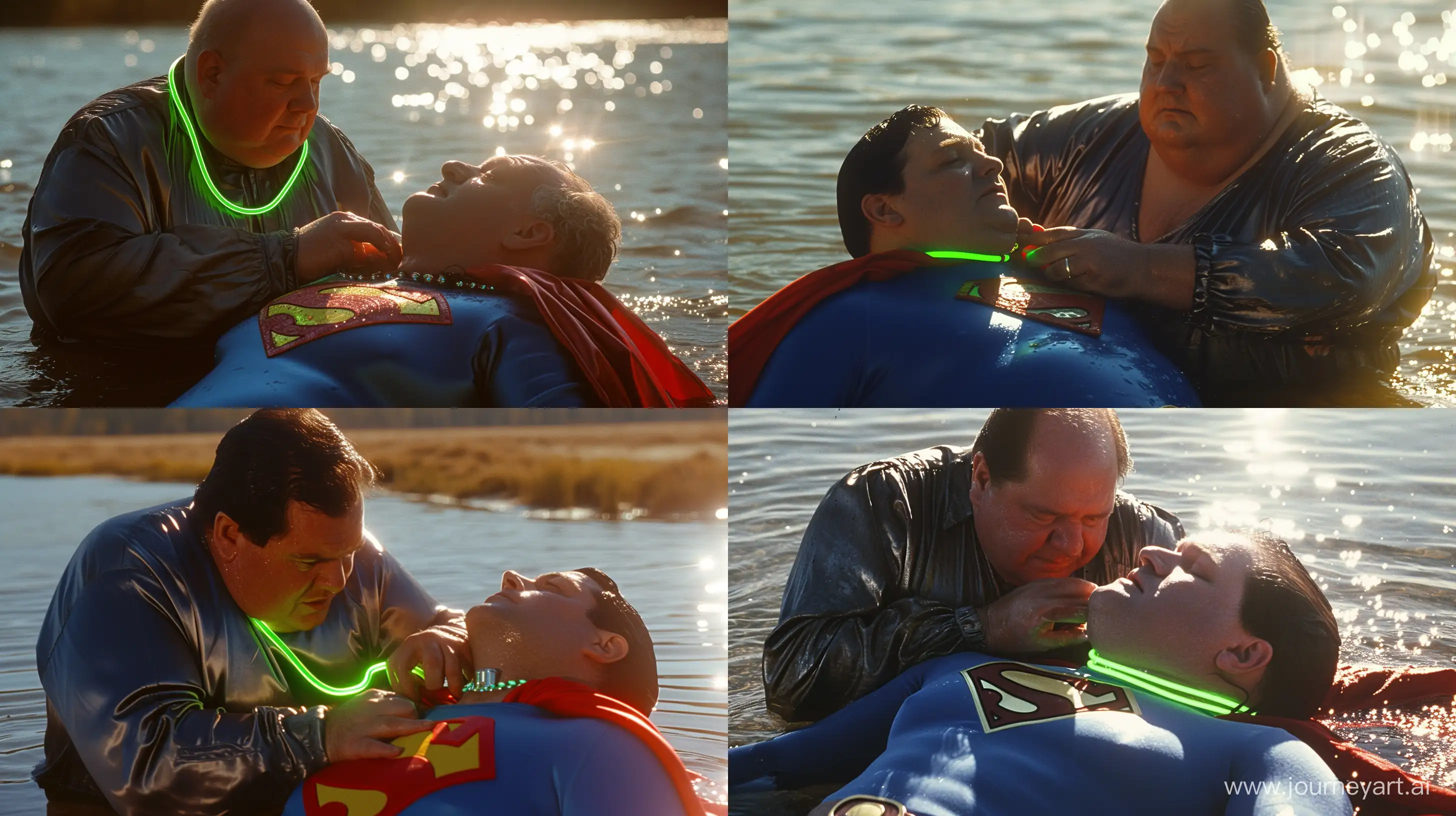 Close-up photo of a fat man aged 60 wearing a dark grey silk tracksuit bathing in sunlight. He is tightening a tight green glowing neon dog collar on the neck of a fat man aged 60 wearing a tight blue 1978 smooth superman costume with a red cape lying in the water. River. --style raw --ar 16:9