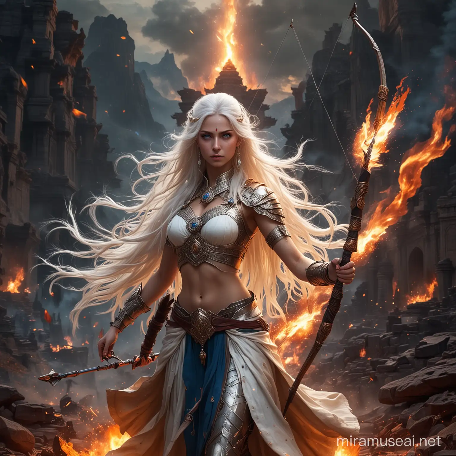 Powerful Empress Goddesses in War Attire Amidst Cosmic Fire Circles