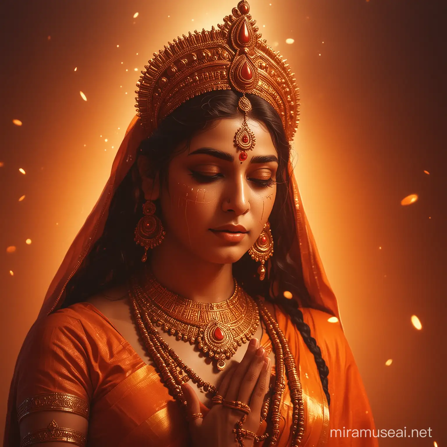 Durga Mata Blessing a sad men, 
Dugra Maa Blessing to give, Cinematic Look, Background Orange Light Source, Theme Artwork,