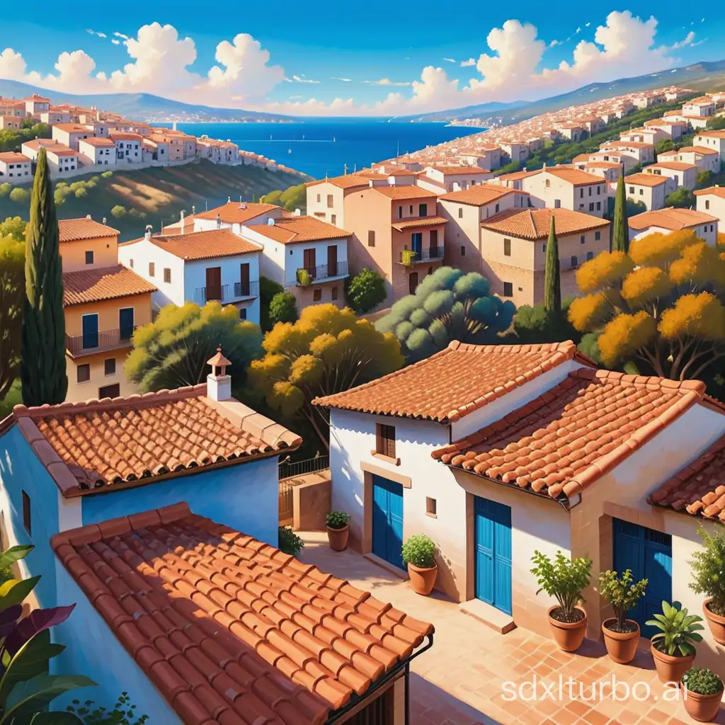 create a detailed illustration of a Spanish landscape featuring houses with terra-cotta roofs under a magnificent blue sky. Include various plants in the scene and pay special attention to painting small details very well. Explicit Instruction: Ensure the illustration captures the essence of a typical Spanish landscape with high attention to detail. Parameters: The illustration should focus on houses with terra-cotta roofs, a beautiful blue sky, and various plants. Emphasize small details to enhance the overall visual appeal.
