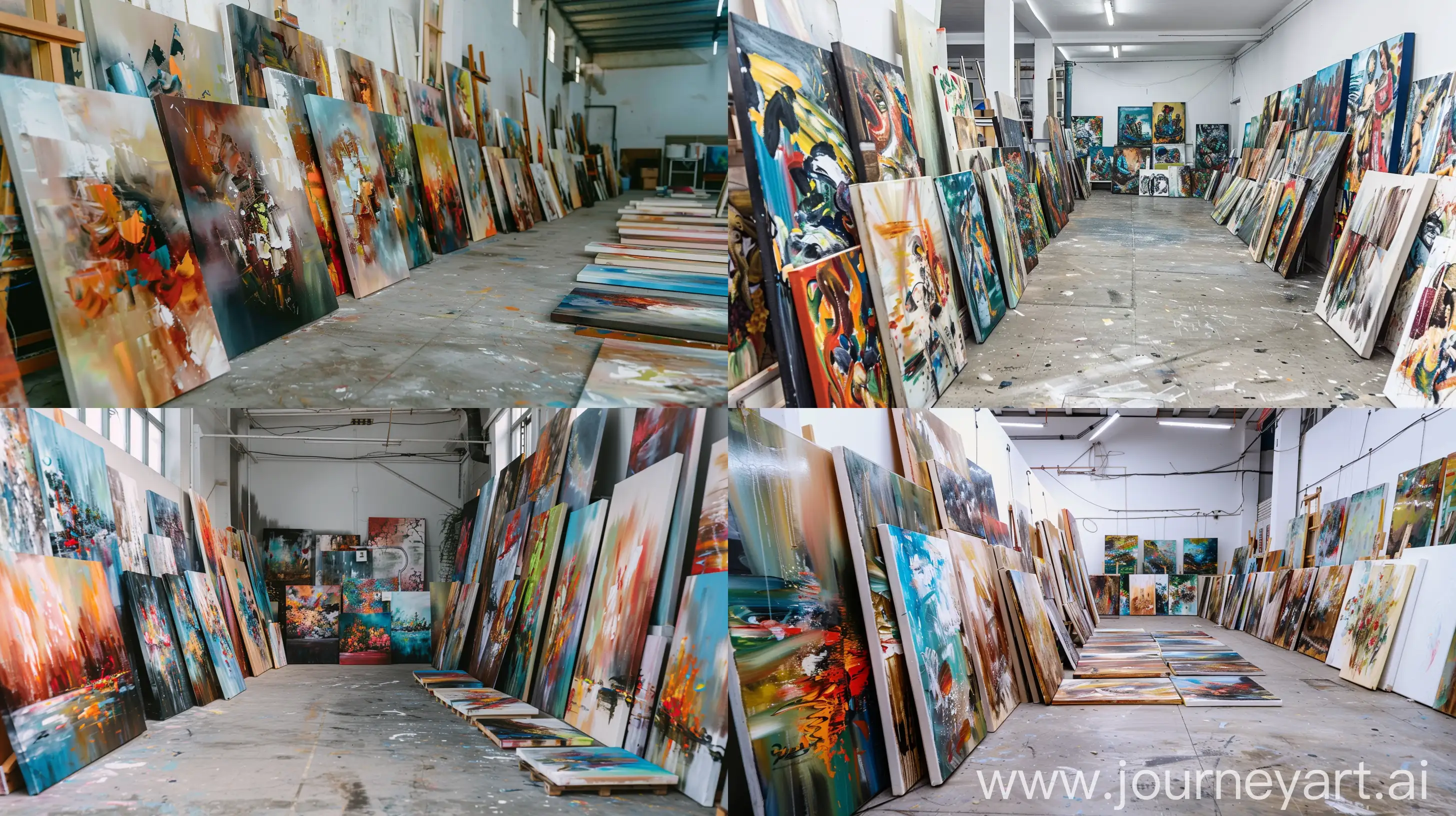Exquisite-Rows-of-Abstract-Oil-Paintings-in-a-Tidy-Factory-Setting