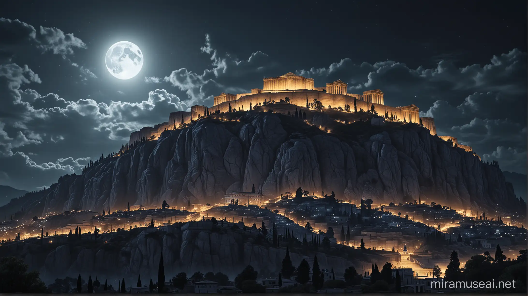 generate picture of  mount olympus of greek Mytholgy, with palace on it , in moonlight sky , with dark themed background , picturised as in modern VR game