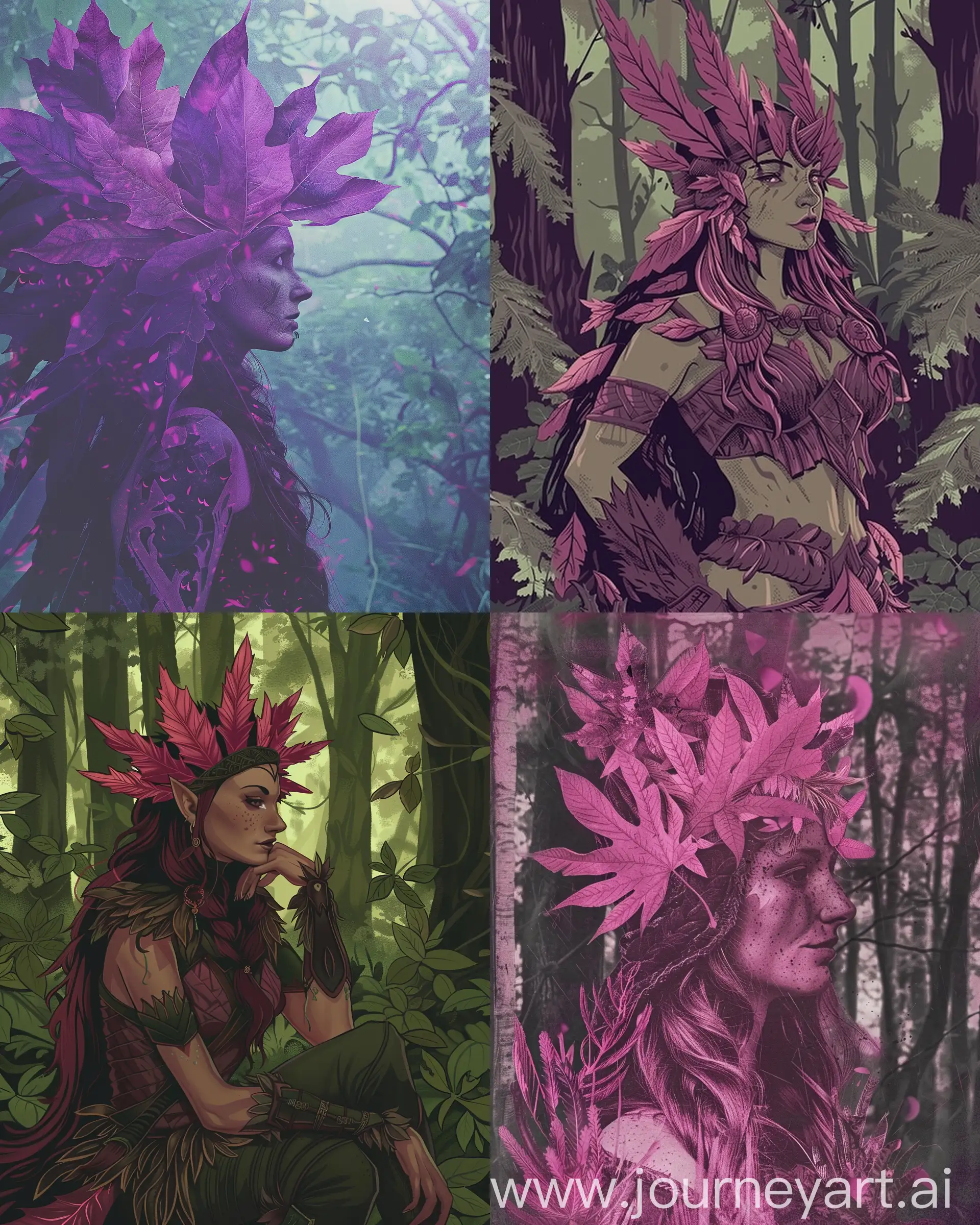 An Artgerm's illustration of a full body druid woman with a crown of magenta leaves, in the forest --ar 4:5 --v 6