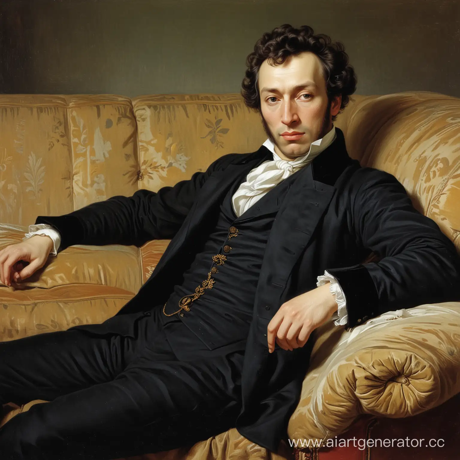 Писатель Александр Сергеевич Пушкин лежит на диване