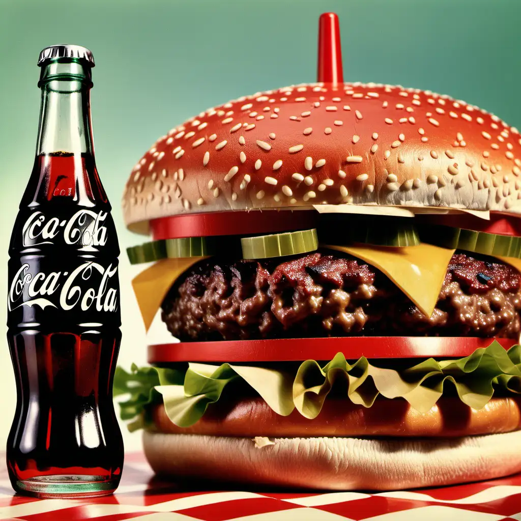 פרסומת להמבורגר משנות ה60 עם בקבוק של קוקה קולה ליד ההמבורגר בצבעים ישנים