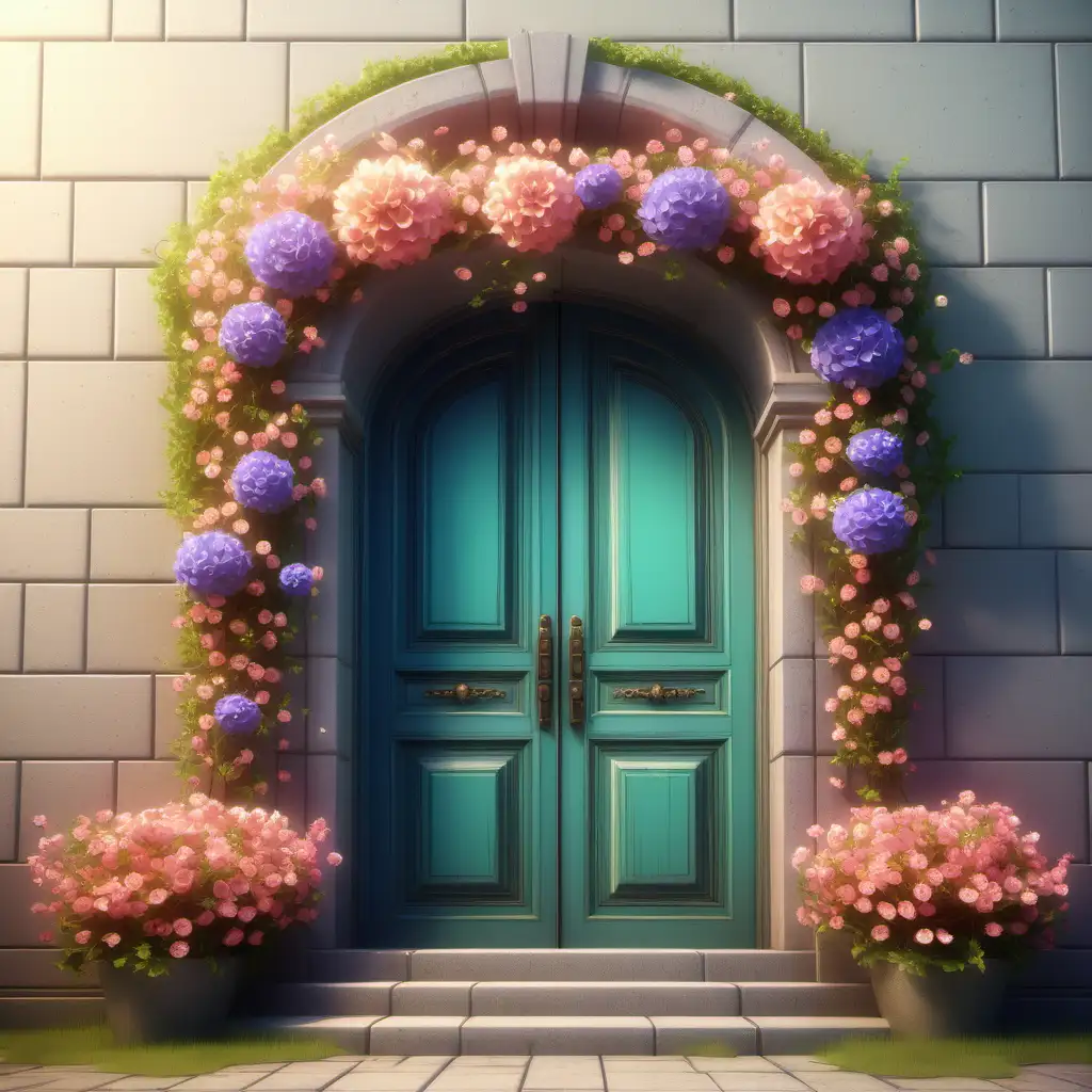 An illustration of a beautiful big door with flowers on top.
Spring colors.
High quality.
HD.
Fantasy style.
