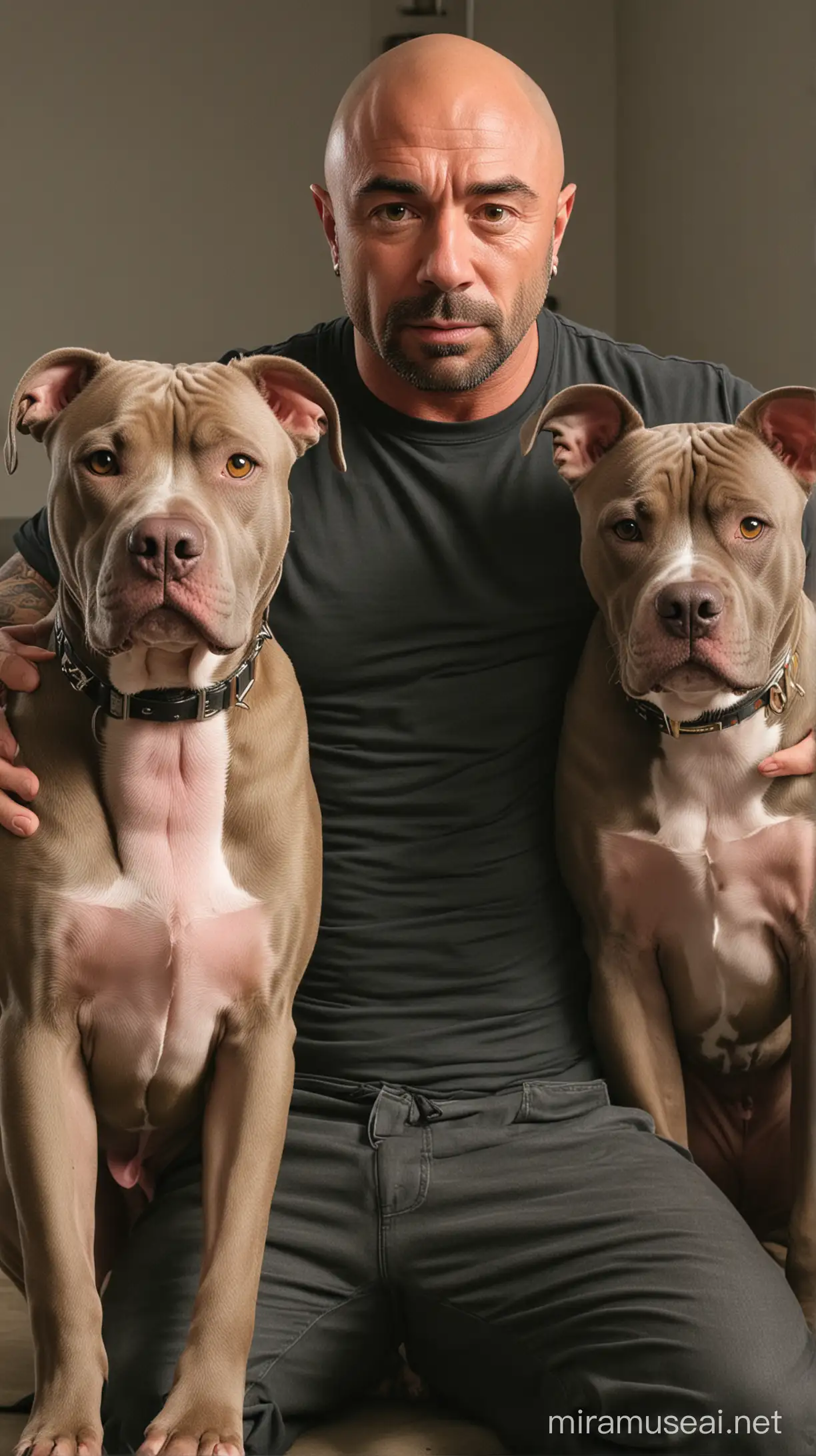 joe rogan with his 2 senior pitbull dogs, sad mood
