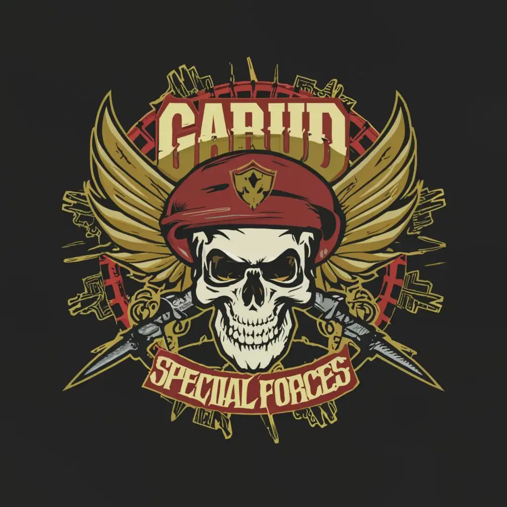 a logo design,with the text "605 GARUD SPECIAL FORCES", main symbol:skull with maroon beret (Indian special force cap), it has wings and a dagger with black background remove the number on cap
