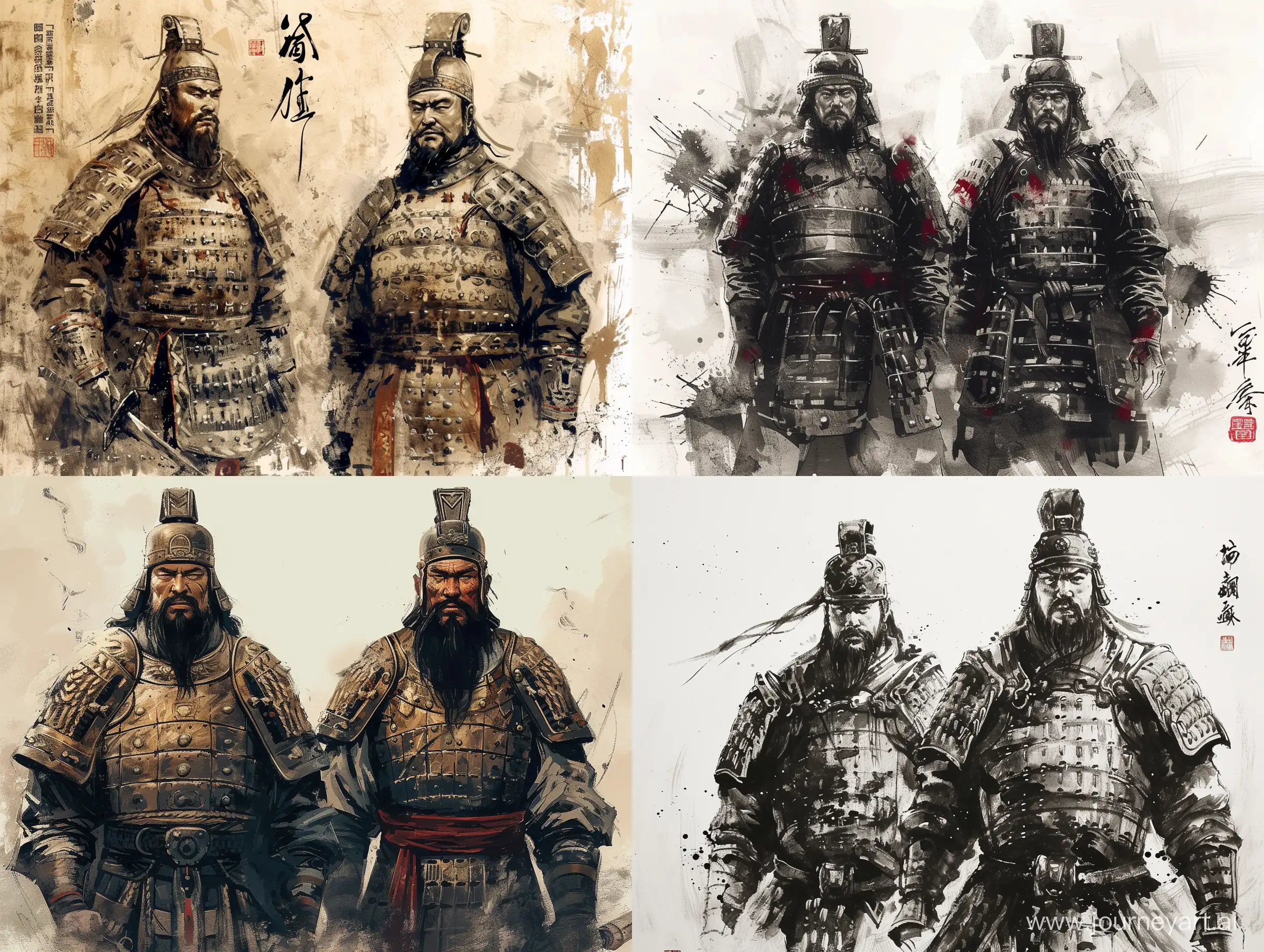 两位将军，身穿盔甲，中国风，水墨画风格，高清，高级感，大师之作，古代，东方美学。