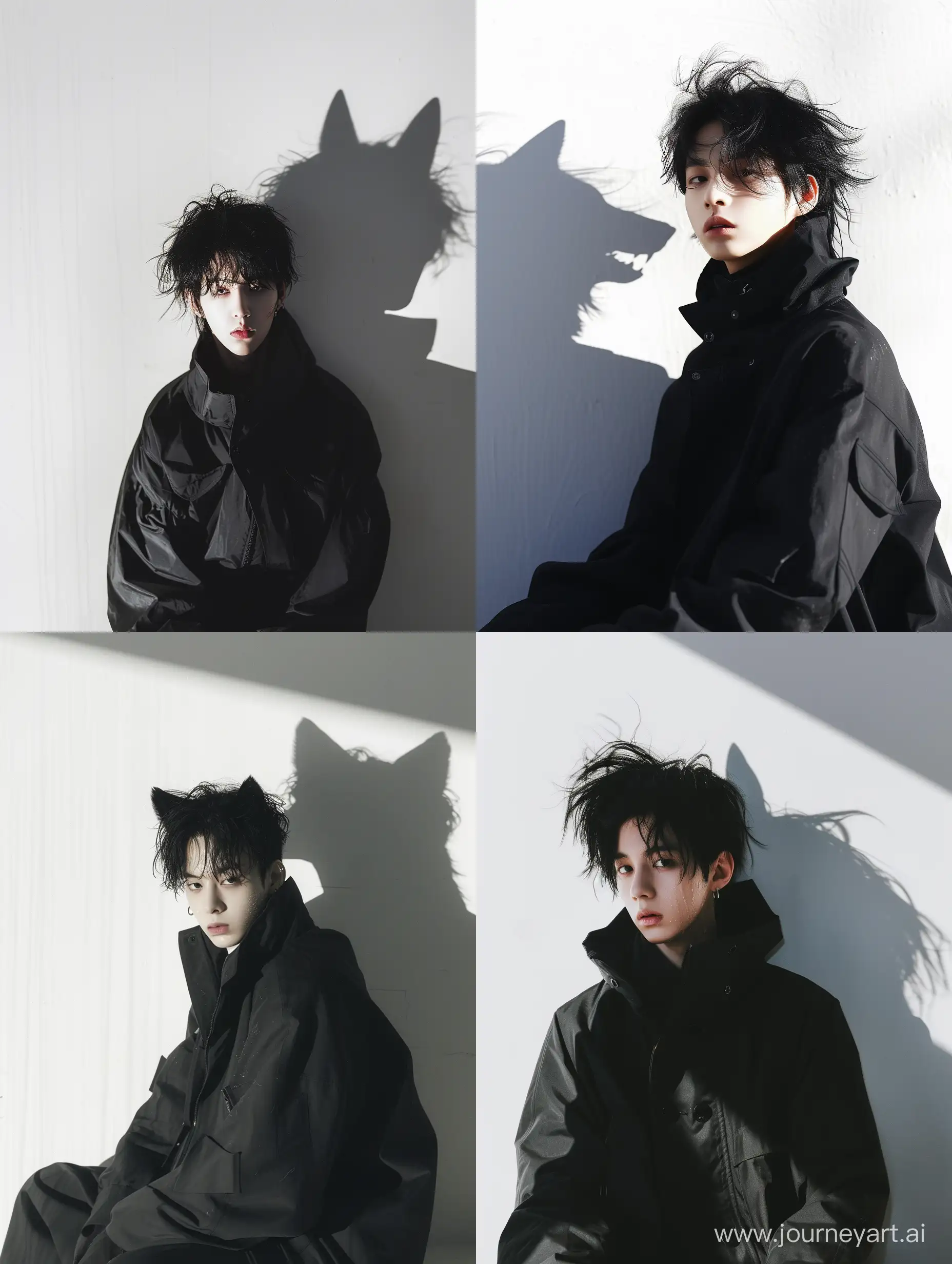 Made a high angle photo of a young guy like taehyung (Korean idol), with messy black hair, his body clearly sweating. Ultra HD. The costume is a black parka jacket with a high collar. Sitting front a white wall. His shadow on the wall look like wolf
