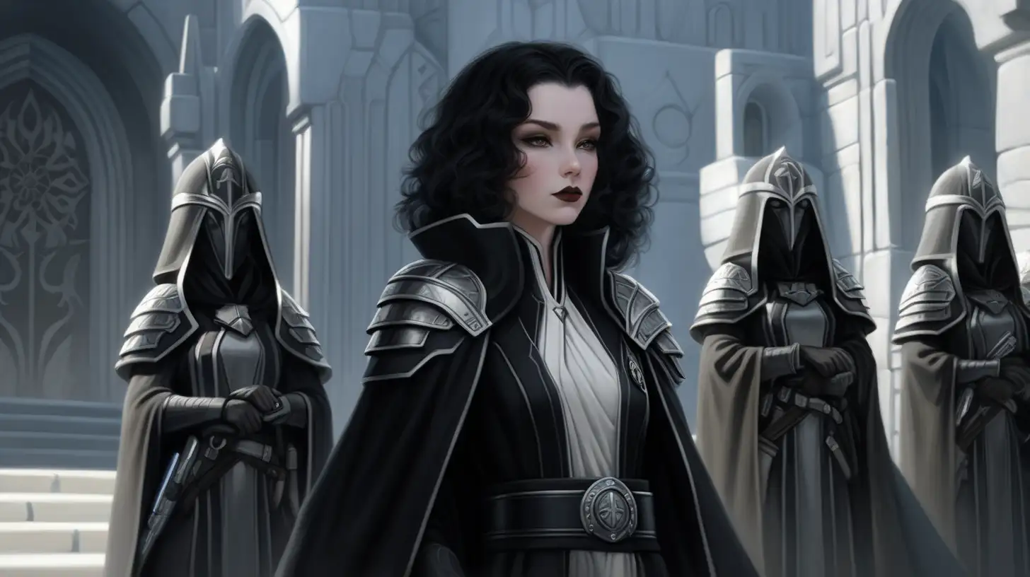 Dreaming city, beautiful, royal attire black curly hair, pale skin, grey eyes, dreaming city, black and grey, jedi robes, female, black make up, black mascara and lipstick, royal guards protecting her, proper look on her face, robes, wideshot, standing around her is the elite guard