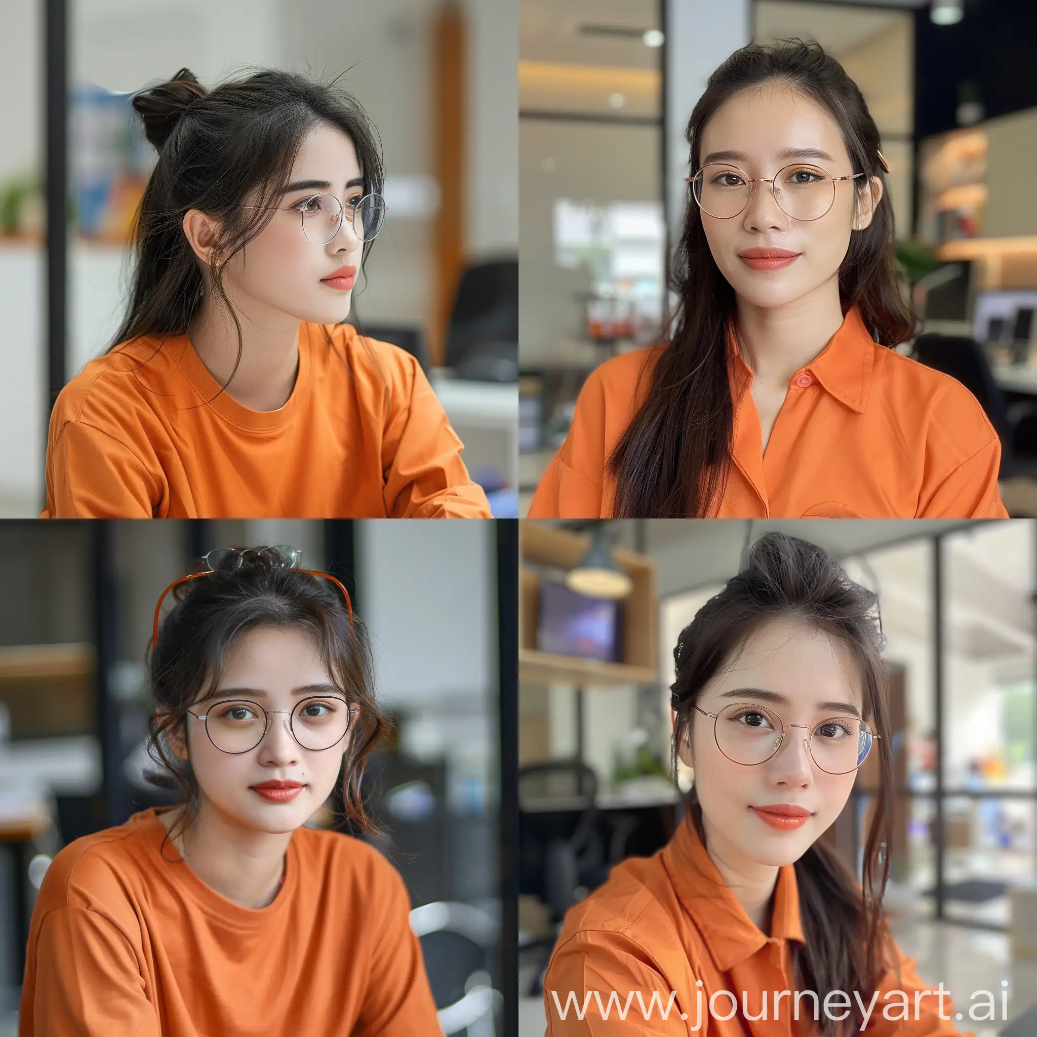 /imagine Vietnamese woman , working on office, hairclip style , little eyes with glasse ,shirt orange color, 30 year old