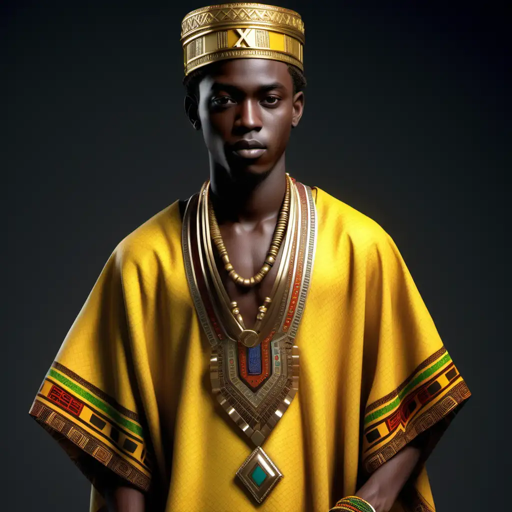 20 year old East African tribal prince from 500 AD wearing a small gold kufi hat, and a multi-yellow dashiki kaftan with beaded bands around the neck and bottom of sleeves. Incorporate the letter X on the clothing
