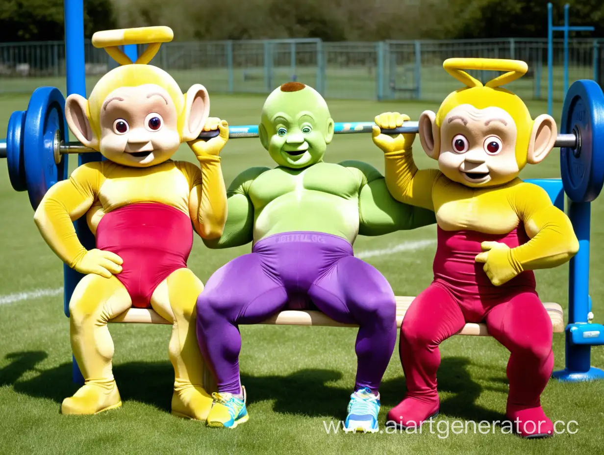 Muscular-Teletubbies-Bench-Press-Workout-in-a-Playful-Sports-Setting