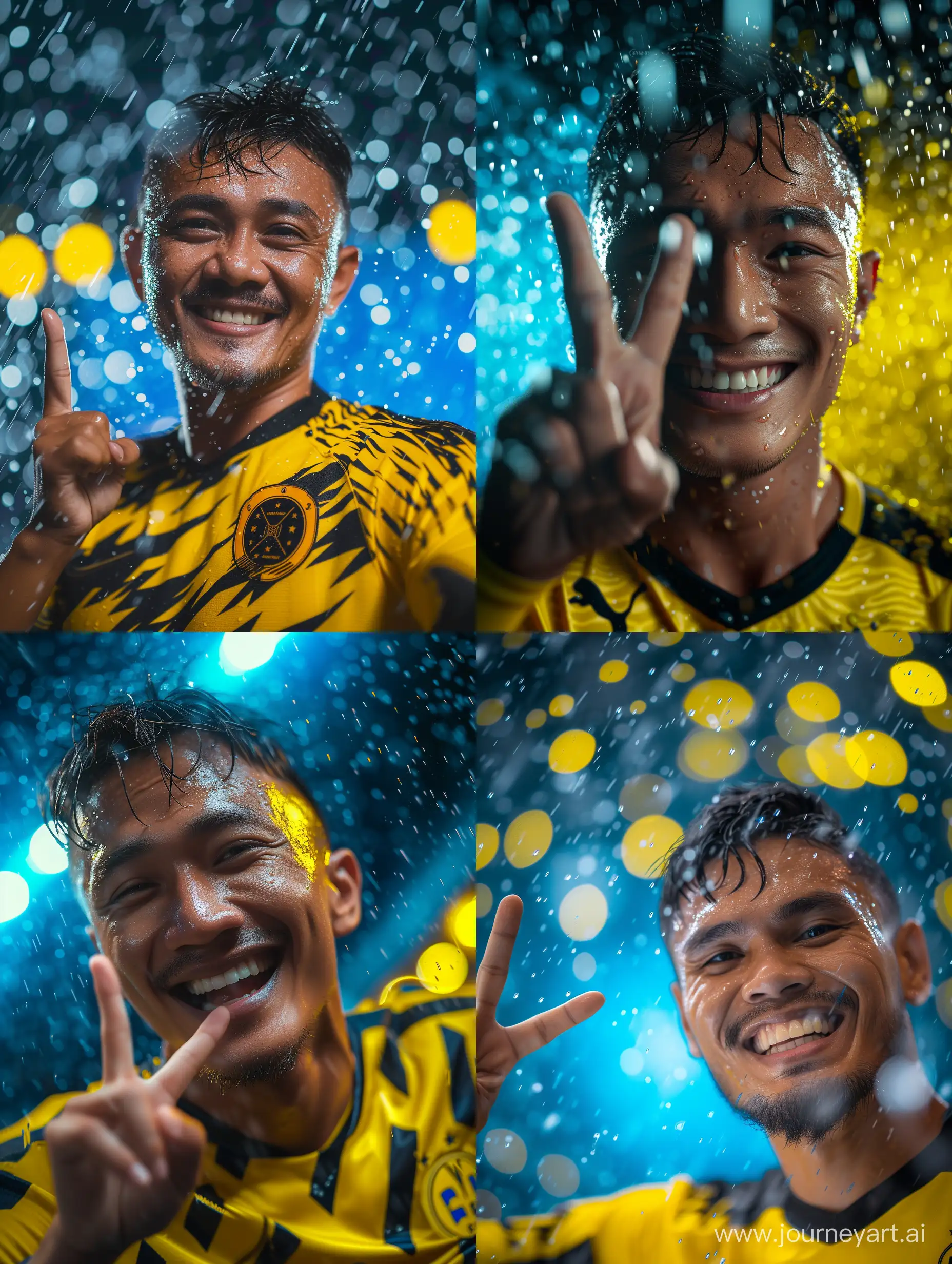 Ultra realistic, close up, Malay football player. shows the 'finger gun sign' while smiling. Wearing a yellow and black jersey. little raindrops. blue and yellow lights behind. canon eos-id x mark iii dslr --v 6.0