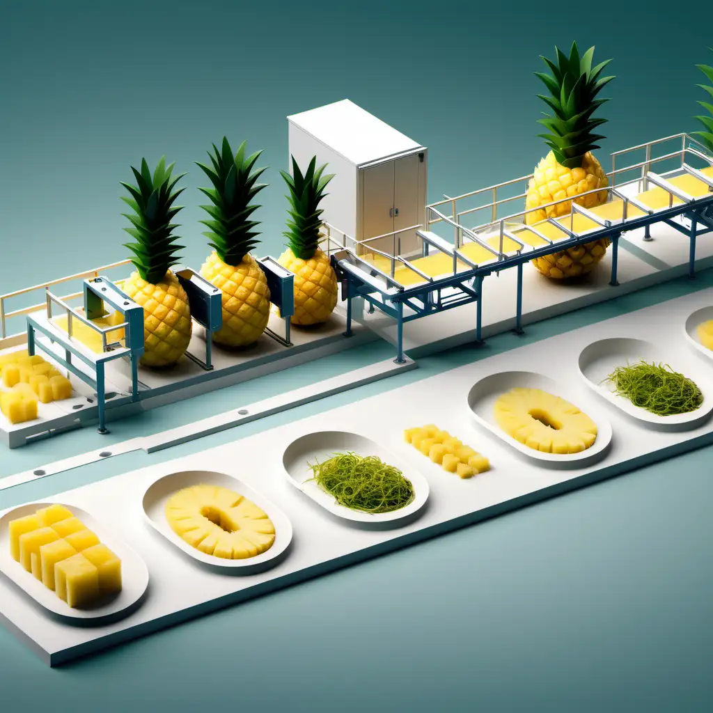 Create a diagram of the process of using pineapple scraps to create a bioproduct. 1 image of the product design, 1 image of the production line, 1 image of the business model.