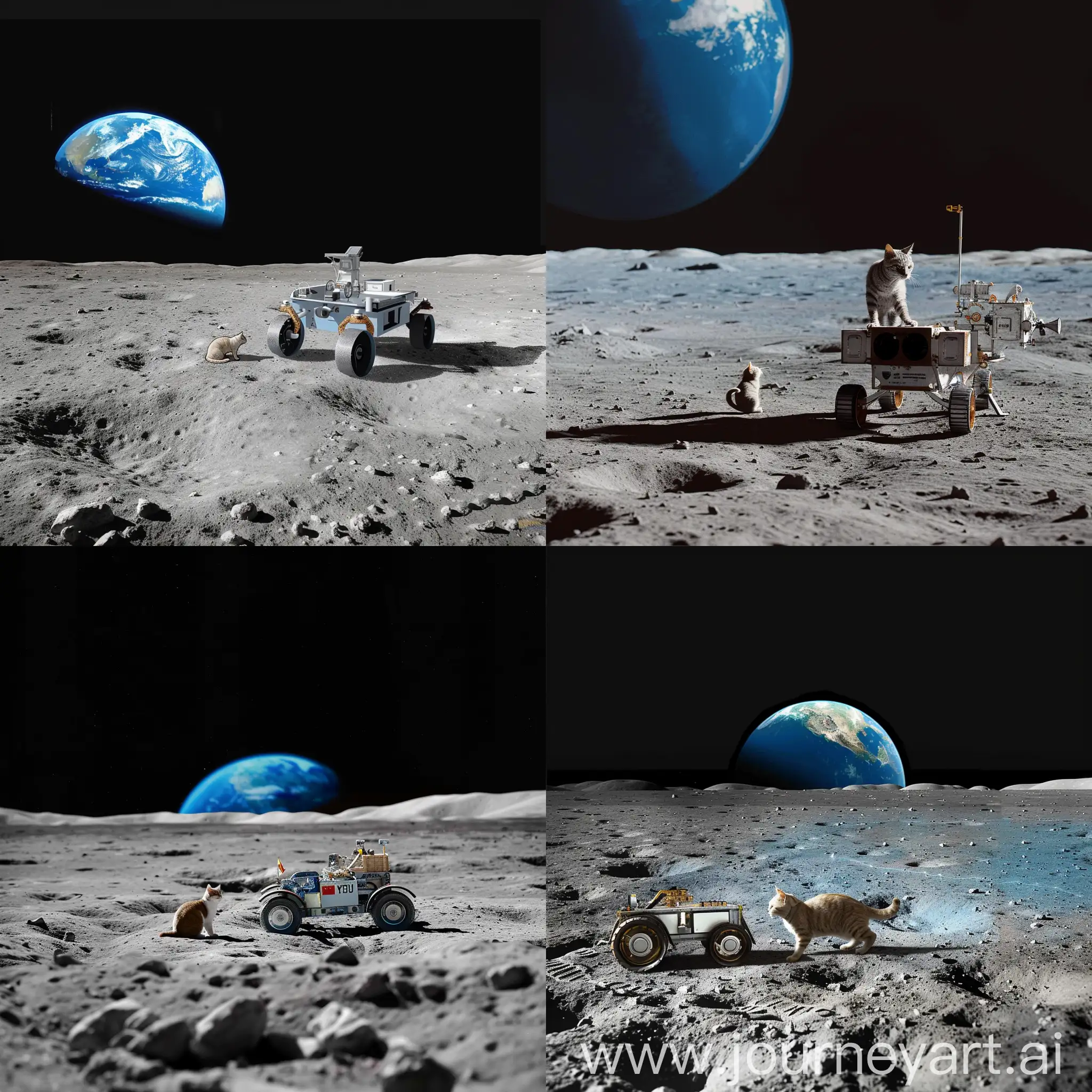 在一望无垠广袤的月球表面，有一只猫和中国的玉兔号月球车，这只猫正在对月球车好奇的闻来闻去，背景是月球地平线上缓缓升起的蓝色地球