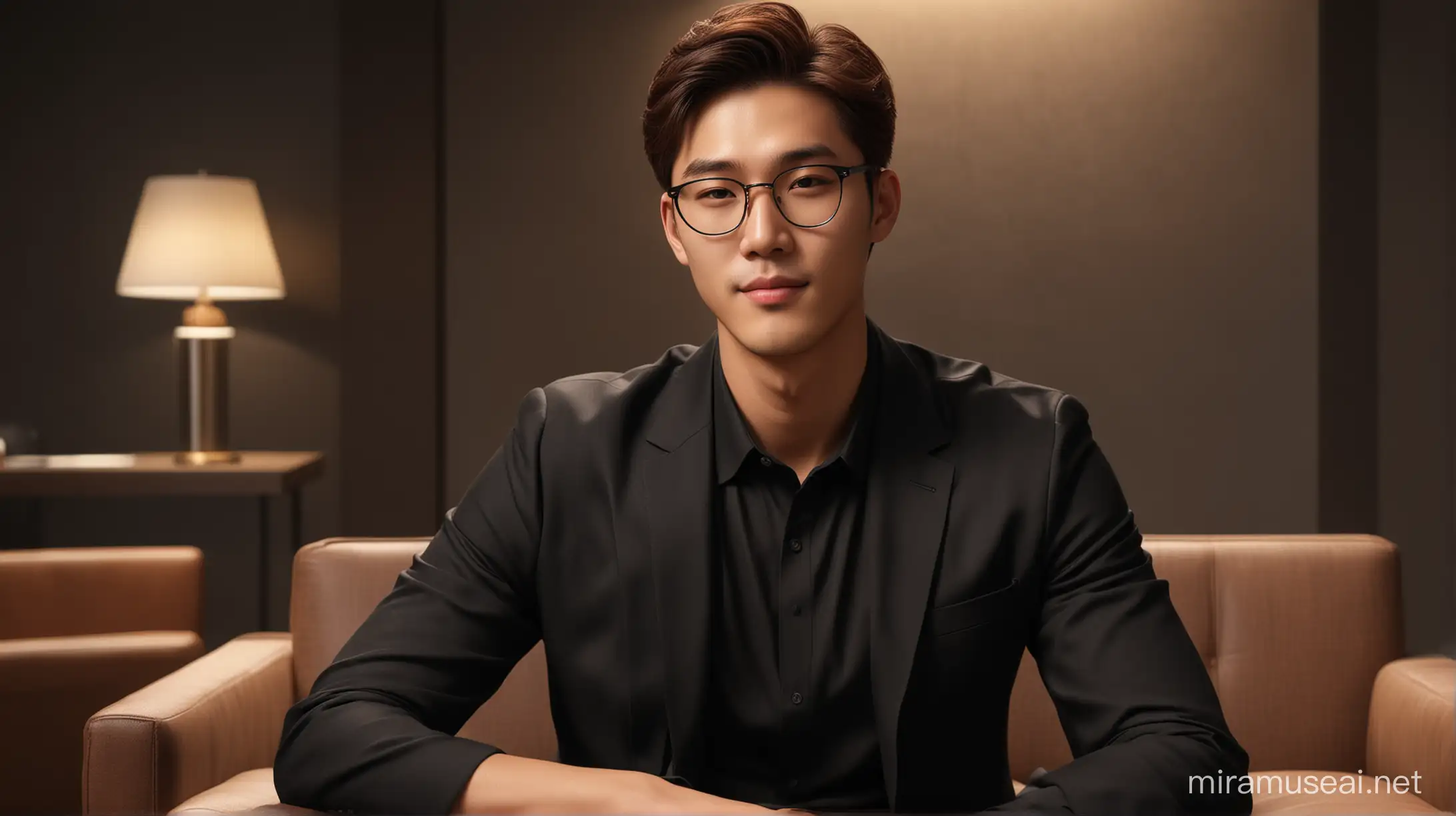 Realistic, Smooth, 5D, Sharp, smooth, clear, 8K, Detailed digital art, 1 handsome Korean man wearing glasses, neat brown hair, sweet smile, seductive, black t-shirt suit, sitting at night, front of house lounge chair background,  photography professional