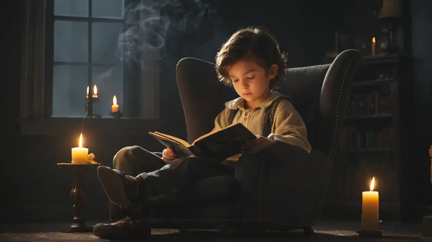 A child sitting in a chair reading a book. The background is a dark room with a candle. Smoke floats past the window in the background.