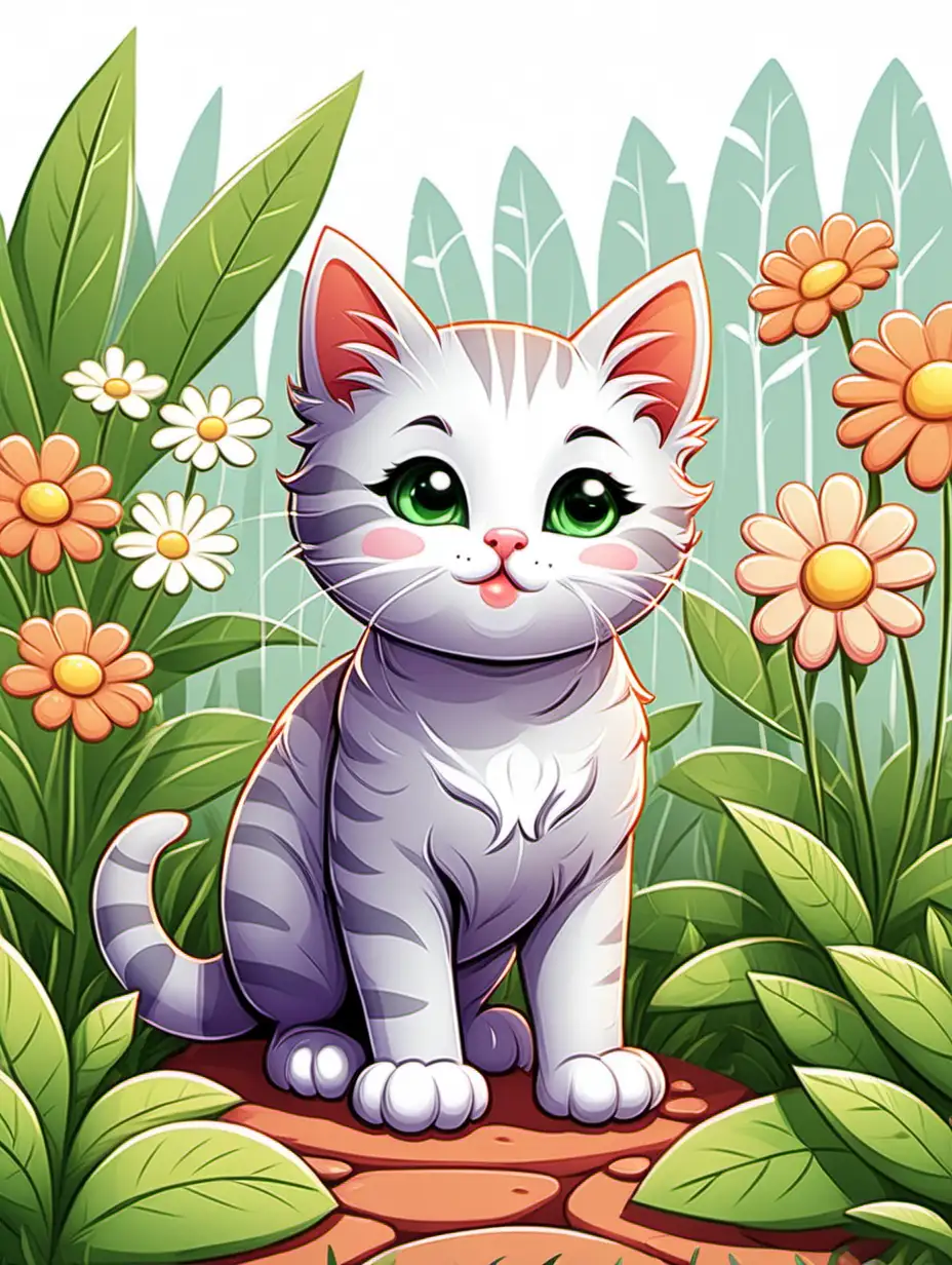 Kids illustration, cute kitten in a garden, cartoon style thick lines, low detail
