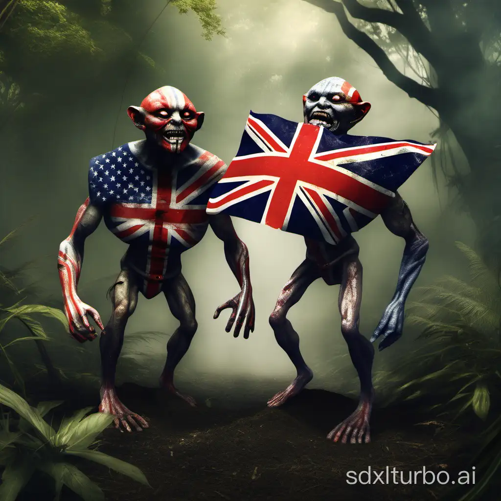 two homunculi, humanoid. One is wearing a union jack and the other is wearing the american flag. They are pulling themselves out of the ground in jungle