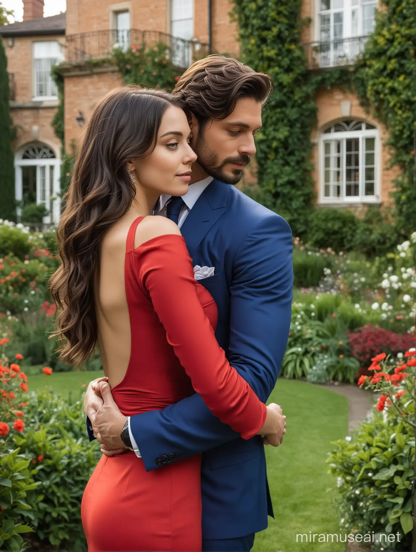 Elegant Couple Embracing in Mansion Garden