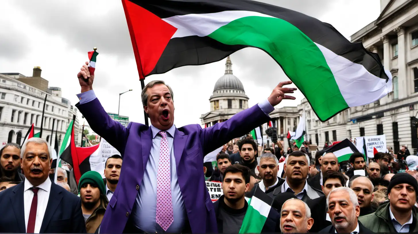 Nigel Farage raising the Palestinian flag at a pro-Palestine protest near Trafalgar square in London.