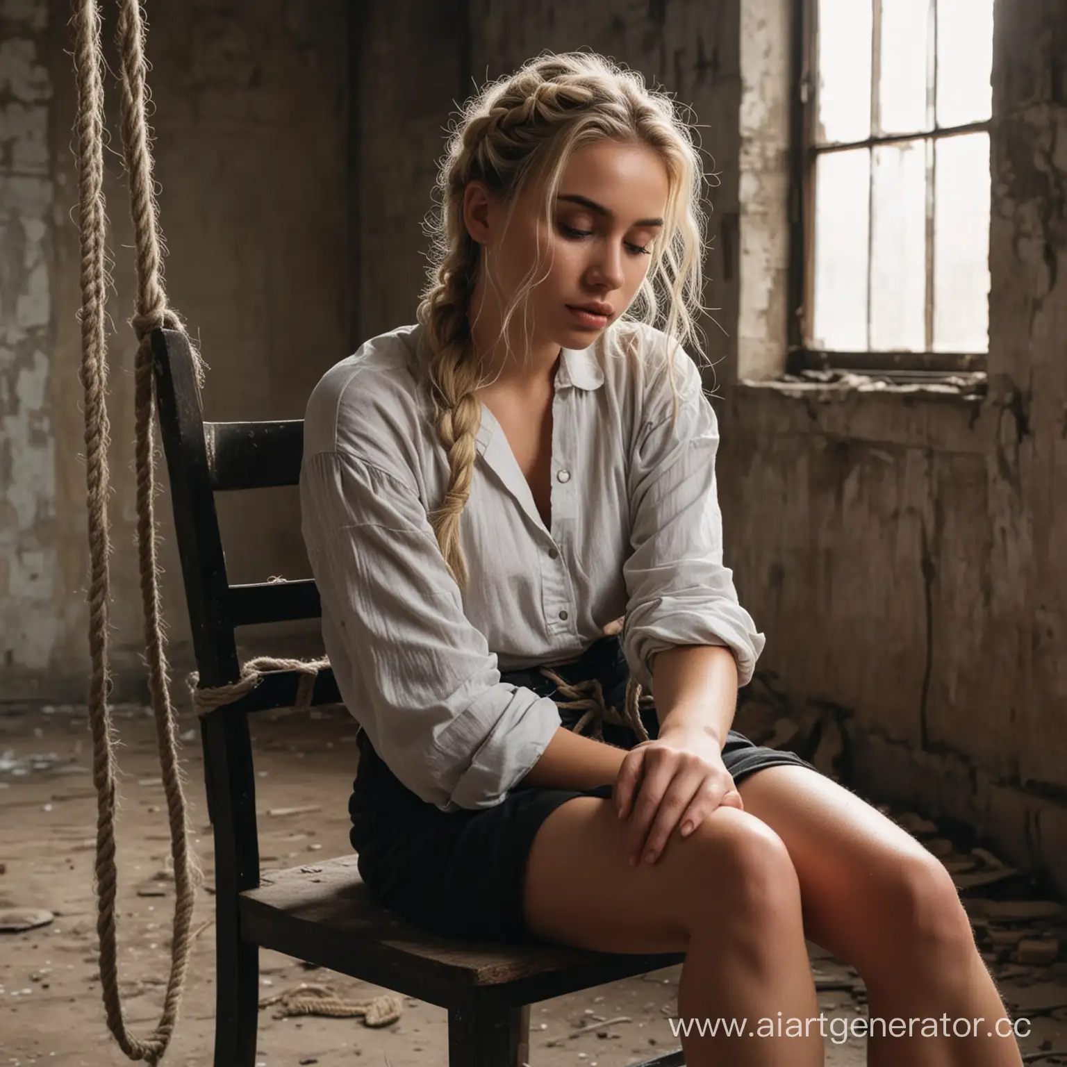 a beautiful girl with blonde hair tied with ropes, sitting on a chair kidnapped in an abandoned building, she is hugged and rescued by a guy with dark curly hair