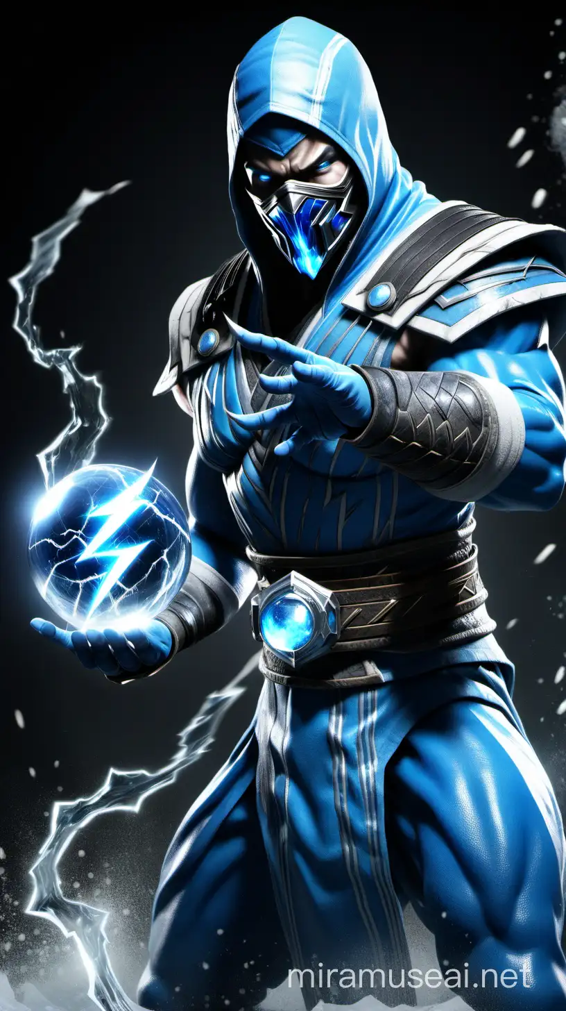 Subzero with a glass sphere in one hand and a thunder bolt in the other hand