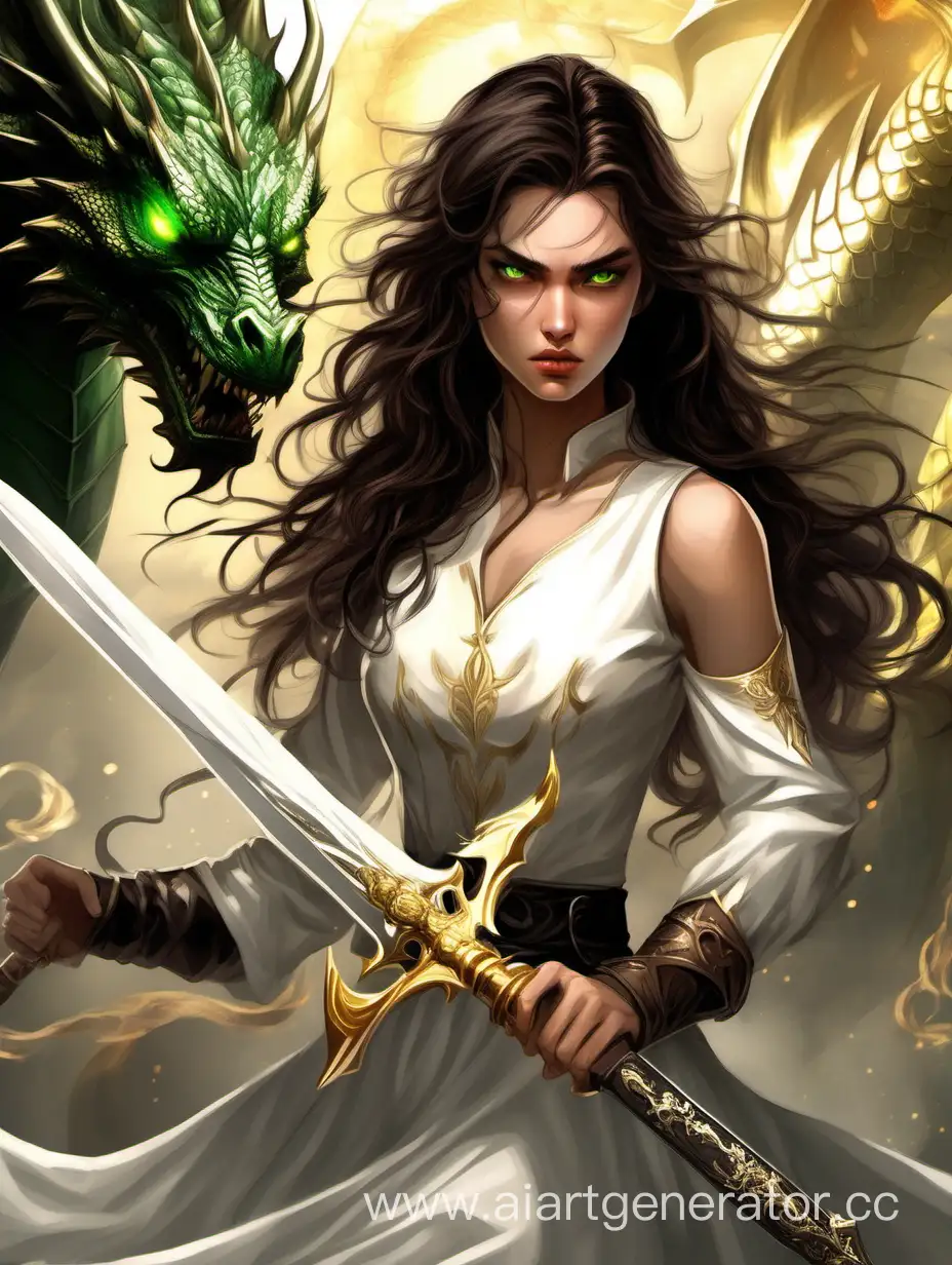 A girl with angry face dark brown wavy hair and green eyes with a sword in hand wearing a white dress.  There is a golden dragon behind her fantasy style