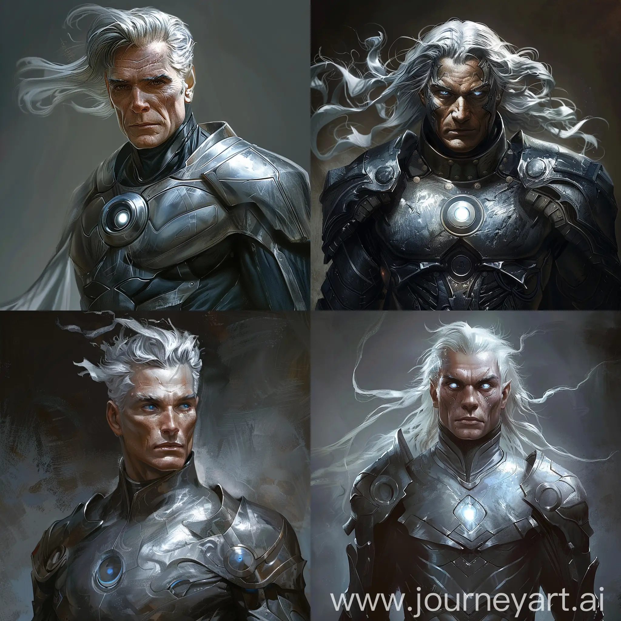 a tall and stately man with silver-gray hair that often flutters in the wind. His eyes emit a strange magnetic shine, and on his face you can always see an expression of sternness and confidence. He wears a metallic suit that emphasizes his powerful figure and also wears a helmet. His character is complex and contradictory. On the one hand, he has a deep sense of justice and is extremely radical and cruel. He has enormous strength and the ability to manipulate magnetic fields, making him one of the most dangerous enemies for his opponents. Dark fantasy, Lovecraft style, medieval, gothic