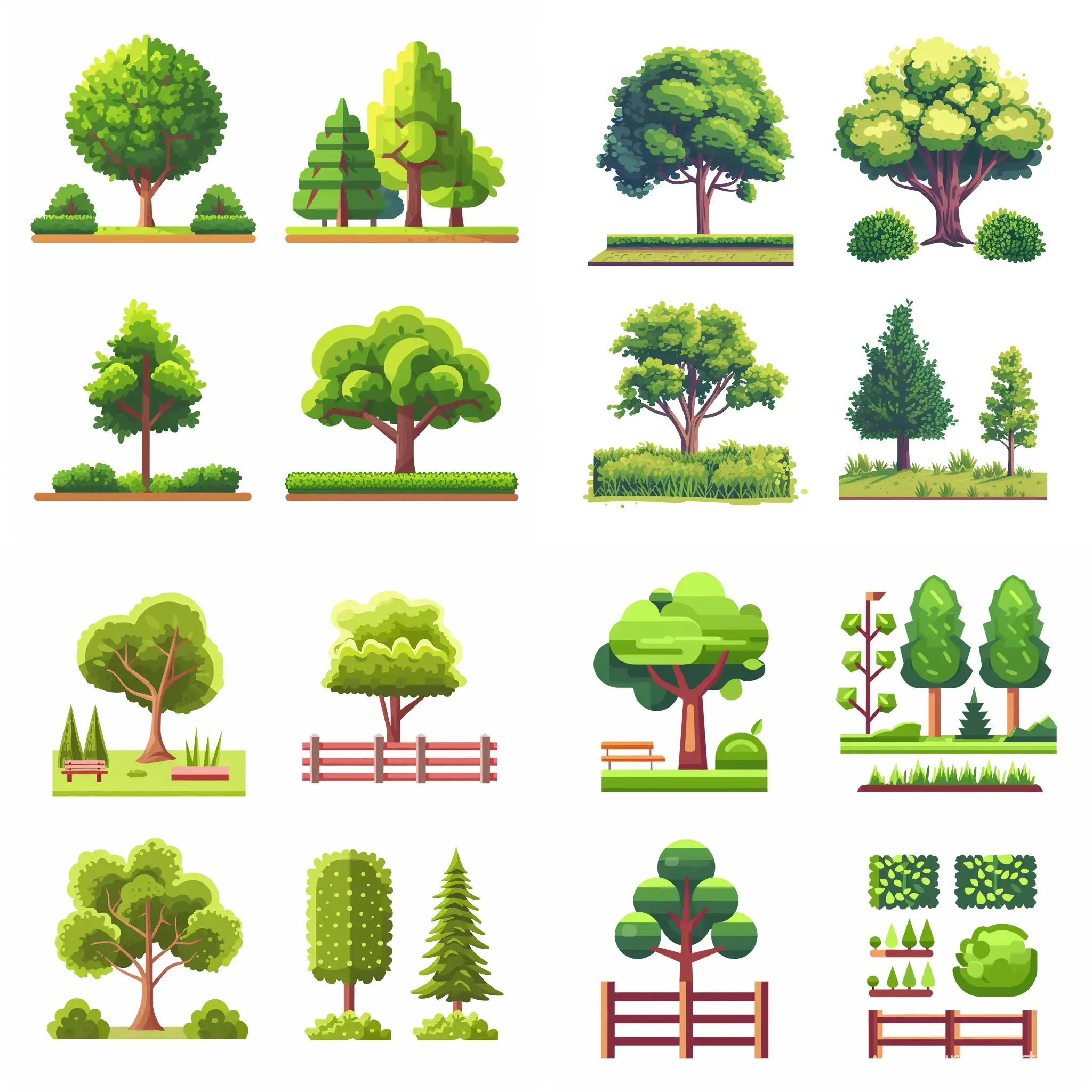 Сделай 4 иконки в одном стиле на белом фоне: На 1 иконке - парки и скверы; на 2 - границы растительности; на 3 - деревья; на 4 - кустарники