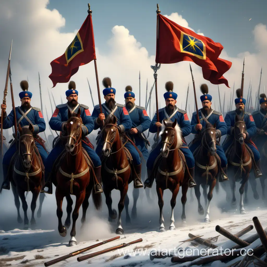 Казаки готовиться к бою, несут на себе флаг Всевеликого войска Донского, 5 казаков, каждый держит разное оружие: 1 копье 2 лук 3 шашку и мушкет 4 топор и моргенштерн