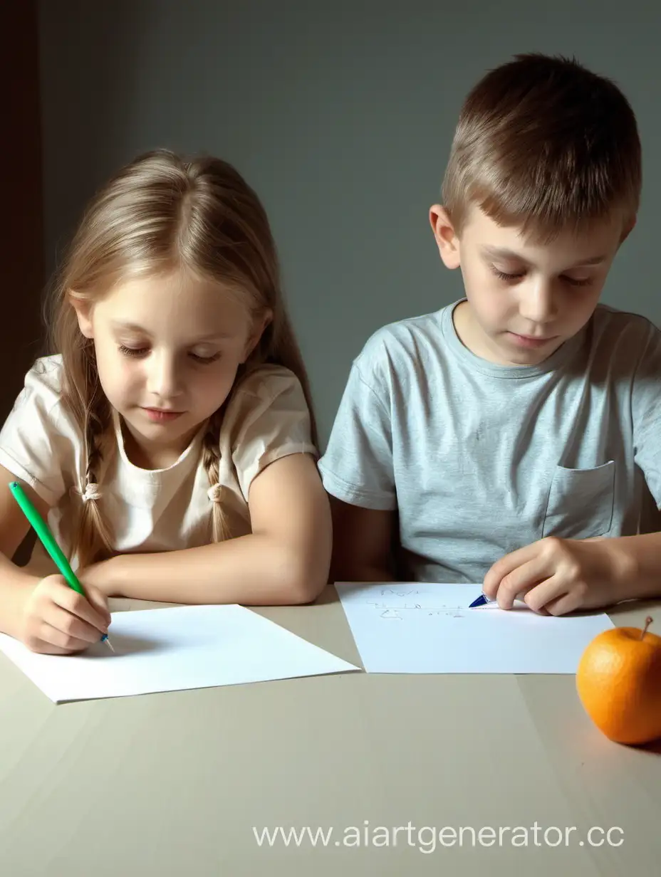 Мальчик и девочка сидят за столом и пишут письмо на листике