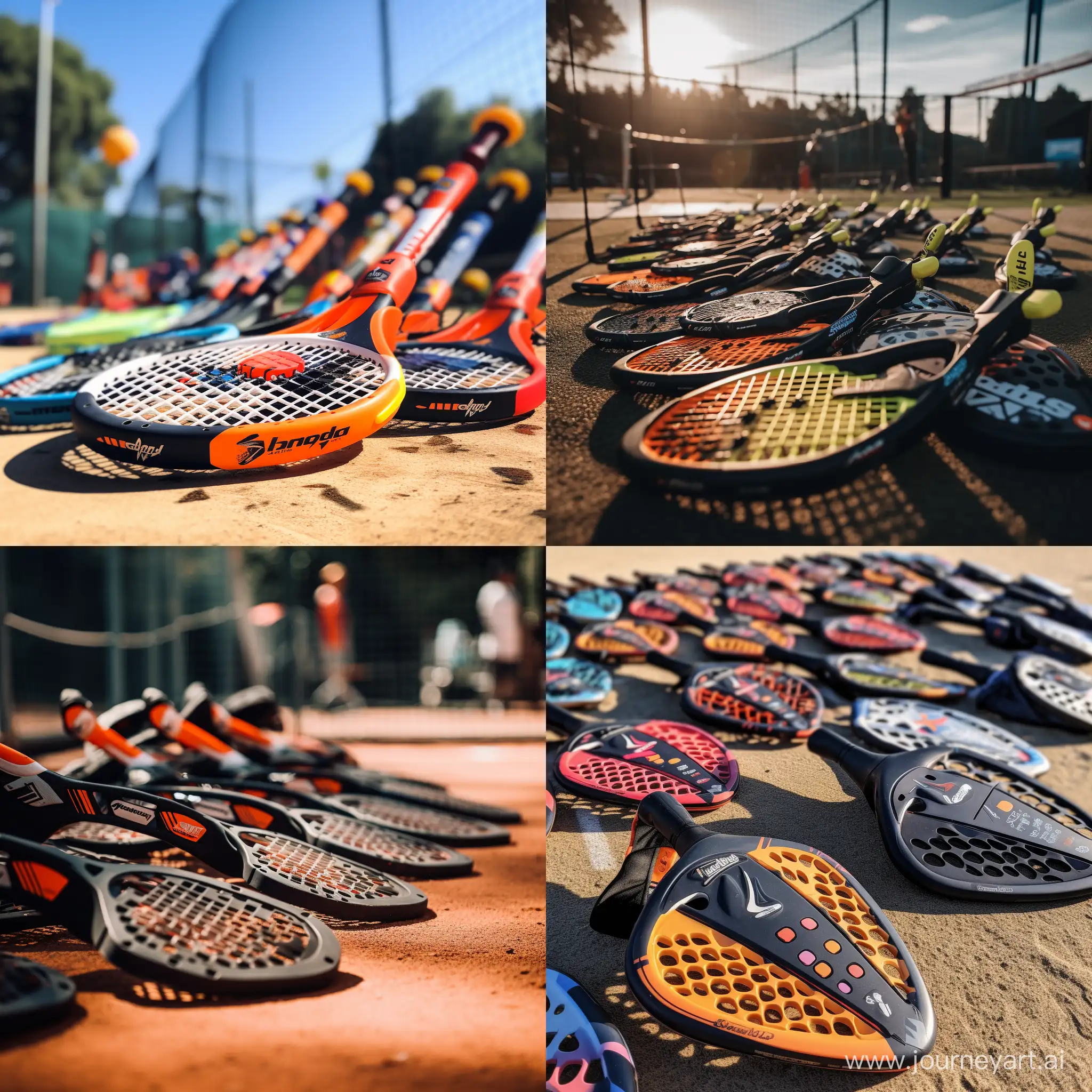 Colorful-Padel-Rackets-Arranged-on-the-Court-Ground-in-a-Symmetrical-Display